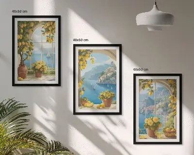 Composição de quadros moderna com paisagens do mar, limões e janelas