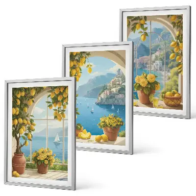 Composição de quadros moderna com paisagens do mar, limões e janelas