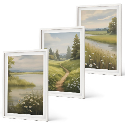 Conjunto de quadros para sala de estar Paisagem de primavera com prado à beira do rio