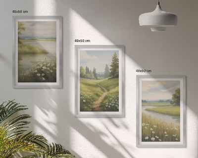 Conjunto de quadros para sala de estar Paisagem de primavera com prado à beira do rio