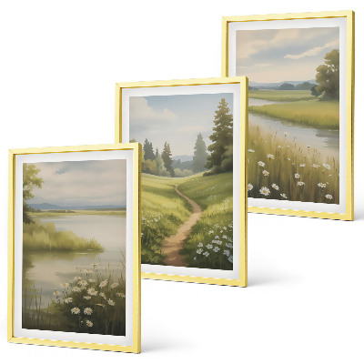 Conjunto de quadros para sala de estar Paisagem de primavera com prado à beira do rio