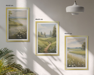 Conjunto de quadros para sala de estar Paisagem de primavera com prado à beira do rio
