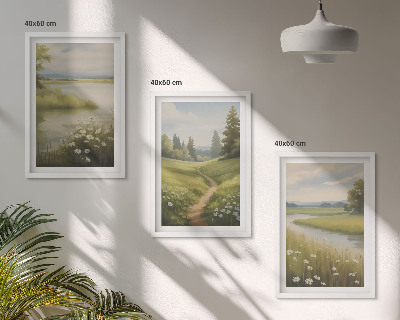 Conjunto de quadros para sala de estar Paisagem de primavera com prado à beira do rio