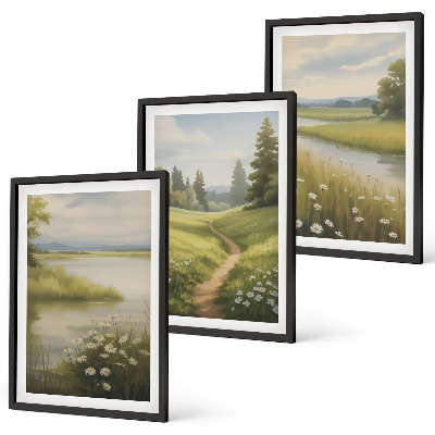 Conjunto de quadros para sala de estar Paisagem de primavera com prado à beira do rio