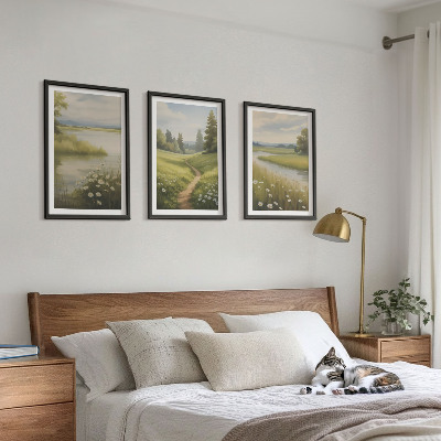 Conjunto de quadros para sala de estar Paisagem de primavera com prado à beira do rio