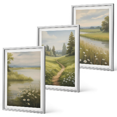 Conjunto de quadros para sala de estar Paisagem de primavera com prado à beira do rio