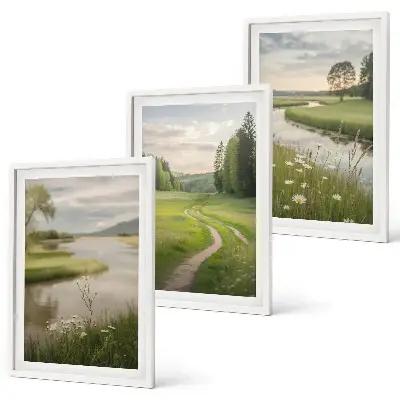 Composição de quadros moderna paisagens de verão com rio e prado florido