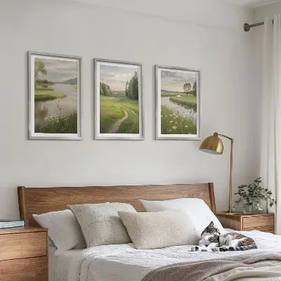 Composição de quadros moderna paisagens de verão com rio e prado florido