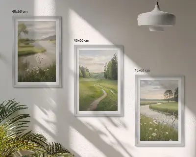 Composição de quadros moderna paisagens de verão com rio e prado florido