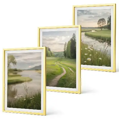 Composição de quadros moderna paisagens de verão com rio e prado florido