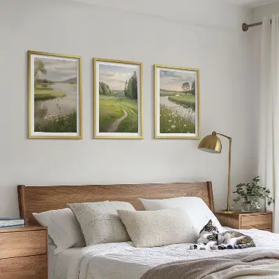 Composição de quadros moderna paisagens de verão com rio e prado florido