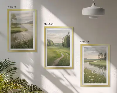 Composição de quadros moderna paisagens de verão com rio e prado florido