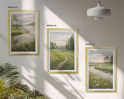 Composição de quadros moderna Paisagens de verão, rio, prado florido.