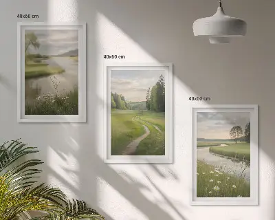 Composição de quadros moderna paisagens de verão com rio e prado florido