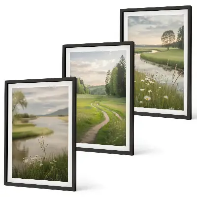 Composição de quadros moderna paisagens de verão com rio e prado florido