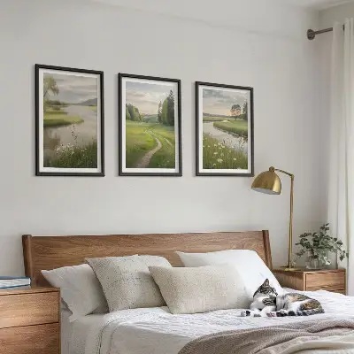 Composição de quadros moderna paisagens de verão com rio e prado florido