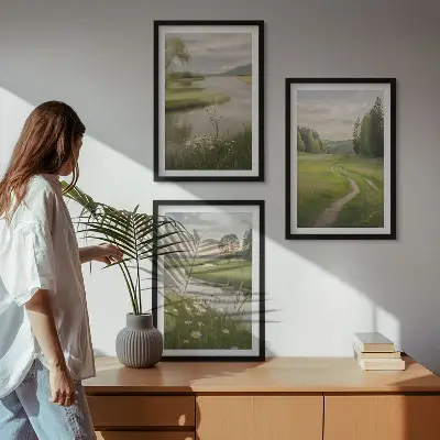 Composição de quadros moderna paisagens de verão com rio e prado florido