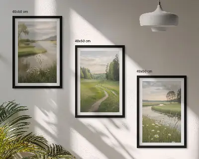 Composição de quadros moderna paisagens de verão com rio e prado florido