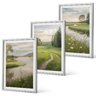 Composição de quadros moderna paisagens de verão com rio e prado florido