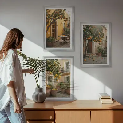 Conjunto de quadros para sala de estar modelo Sol cítrico do jardim