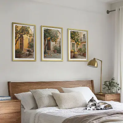 Conjunto de quadros para sala de estar modelo Sol cítrico do jardim