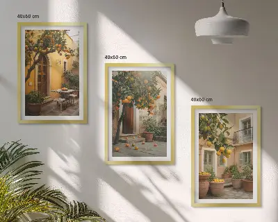 Conjunto de quadros para sala de estar modelo Sol cítrico do jardim