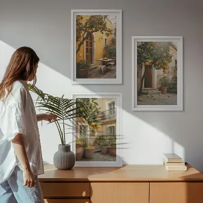 Conjunto de quadros para sala de estar modelo Sol cítrico do jardim