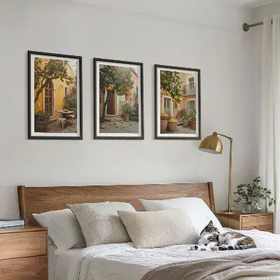 Conjunto de quadros para sala de estar modelo Sol cítrico do jardim