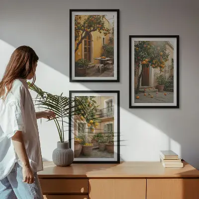 Conjunto de quadros para sala de estar modelo Sol cítrico do jardim