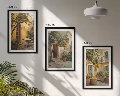 Conjunto de quadros para sala de estar modelo Sol cítrico do jardim