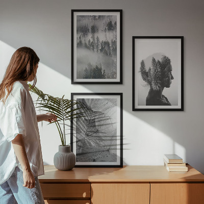 Conjunto de 3 quadros com moldura Floresta com neblina, retrato de árvore e dente-de-leão