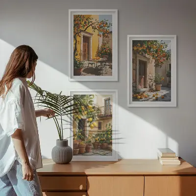 Conjunto de quadros para sala de estar com estampas de plantas cítricas para pátio