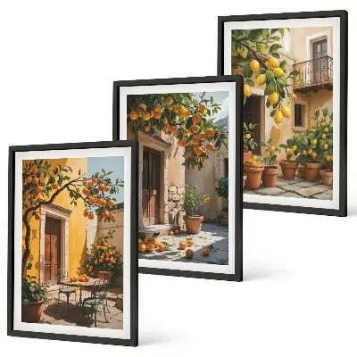 Conjunto de quadros para sala de estar com estampas de plantas cítricas para pátio