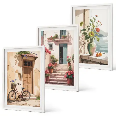 Conjunto de 3 quadros com moldura estampa ruas, flores e bicicletas