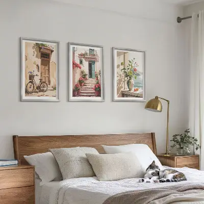 Conjunto de 3 quadros com moldura estampa ruas, flores e bicicletas