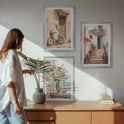 Conjunto de 3 quadros com moldura estampa ruas, flores e bicicletas
