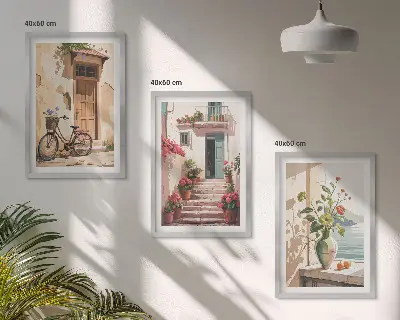 Conjunto de 3 quadros com moldura estampa ruas, flores e bicicletas