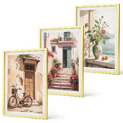 Conjunto de 3 quadros com moldura estampa ruas, flores e bicicletas