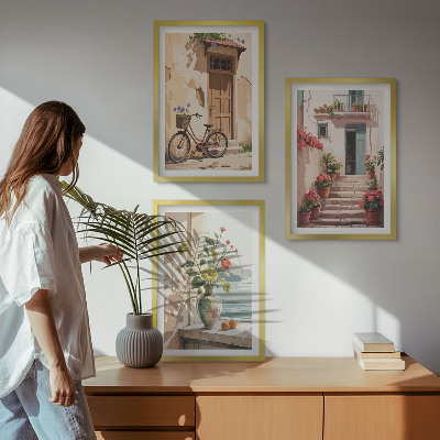 Conjunto de 3 quadros com moldura Ruas, flores e bicicletas