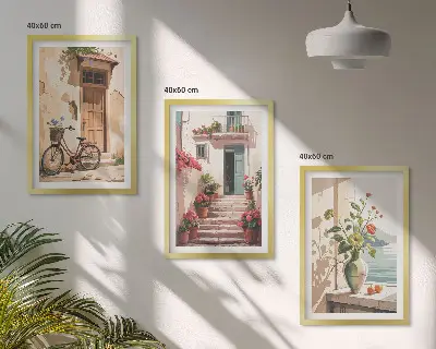 Conjunto de 3 quadros com moldura estampa ruas, flores e bicicletas
