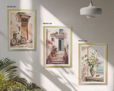 Conjunto de 3 quadros com moldura Ruas, flores e bicicletas