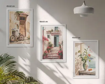 Conjunto de 3 quadros com moldura estampa ruas, flores e bicicletas
