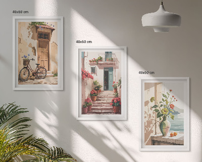 Conjunto de 3 quadros com moldura Ruas, flores e bicicletas