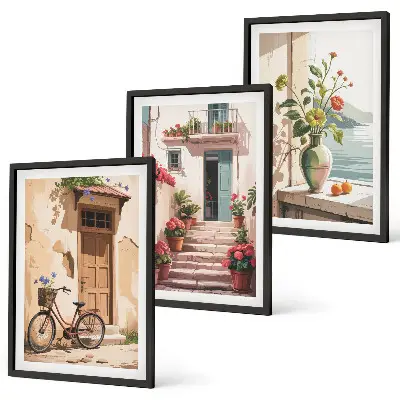 Conjunto de 3 quadros com moldura estampa ruas, flores e bicicletas