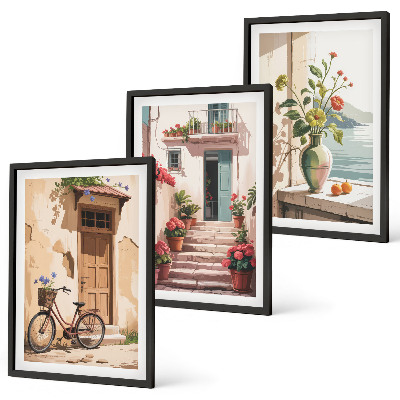 Conjunto de 3 quadros com moldura Ruas, flores e bicicletas