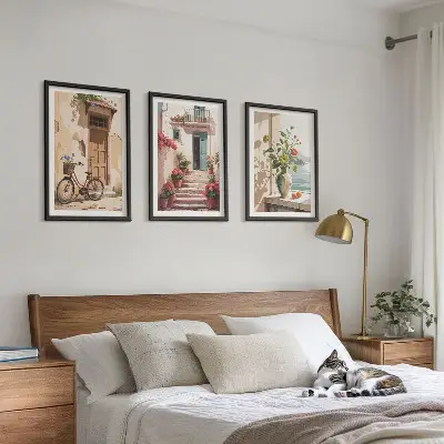 Conjunto de 3 quadros com moldura estampa ruas, flores e bicicletas