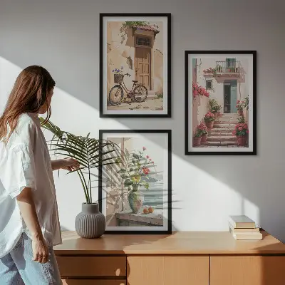 Conjunto de 3 quadros com moldura estampa ruas, flores e bicicletas