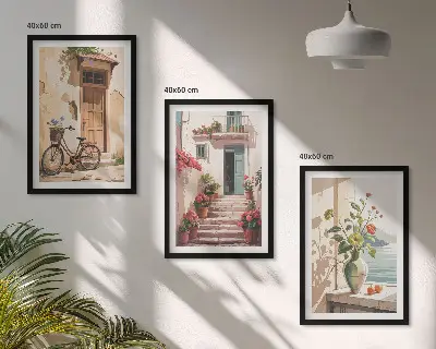 Conjunto de 3 quadros com moldura estampa ruas, flores e bicicletas
