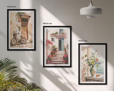 Conjunto de 3 quadros com moldura Ruas, flores e bicicletas