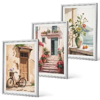 Conjunto de 3 quadros com moldura estampa ruas, flores e bicicletas